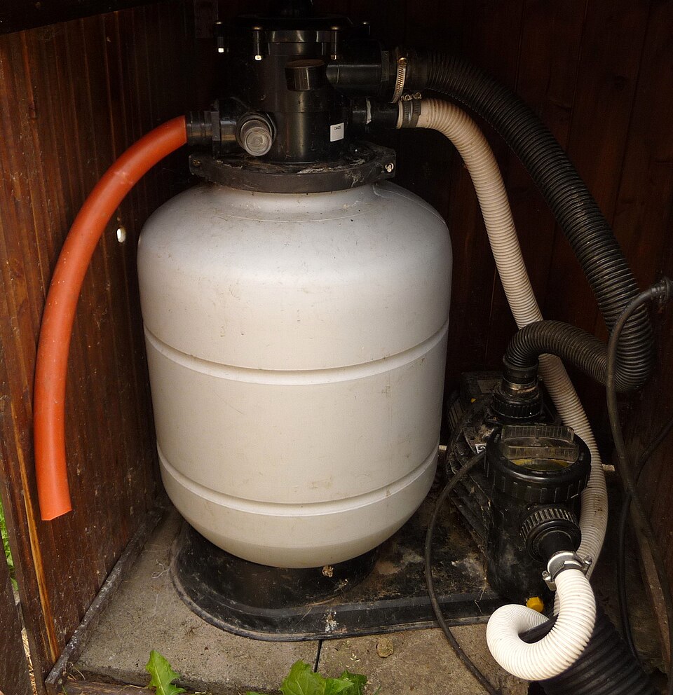 Pool sand filter with a pressure gauge on its top-mounted multiport valve, beside a circulation pump